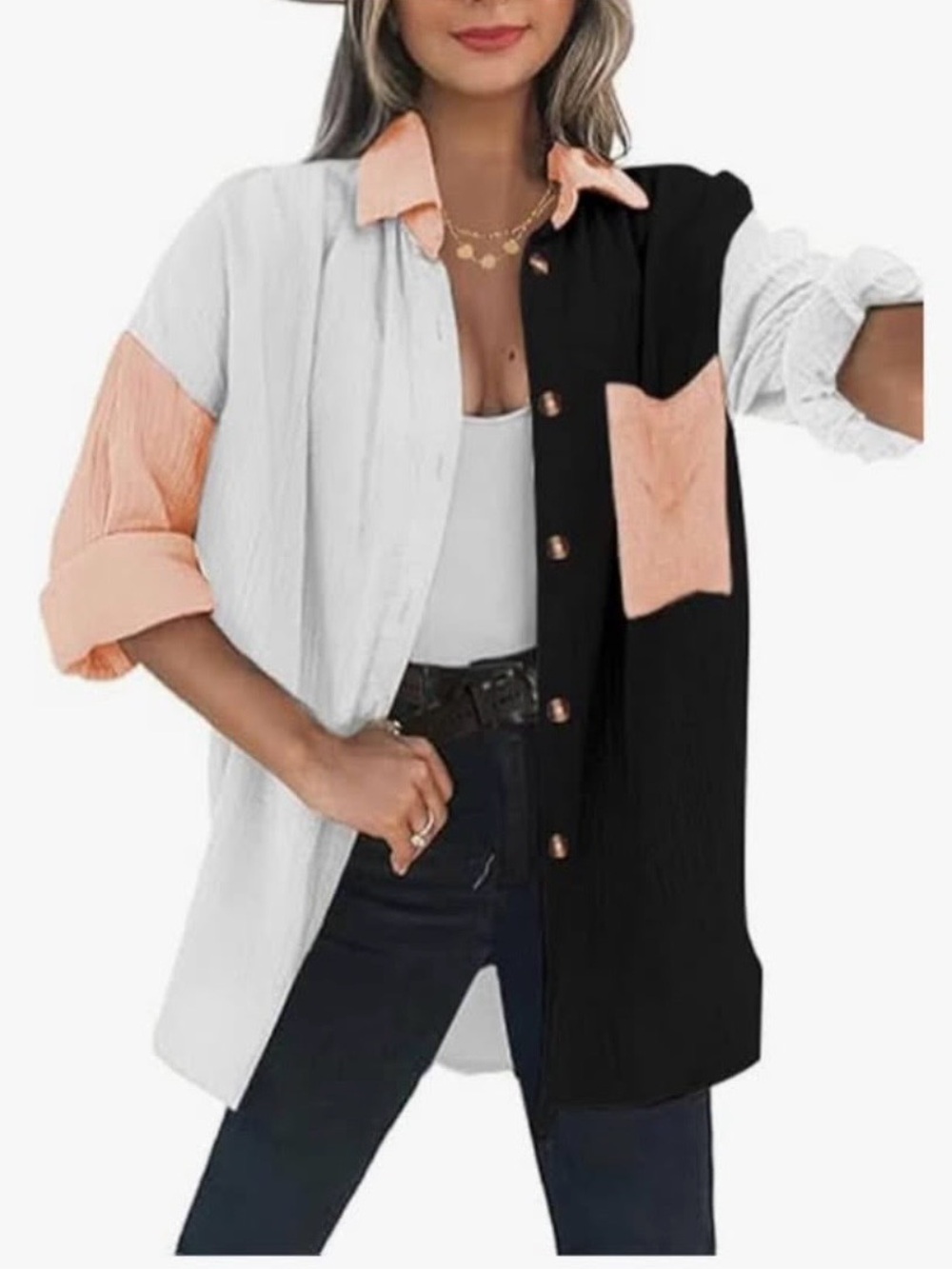 Colorblock Button-Down Shirt - White, Black & Peach Accent